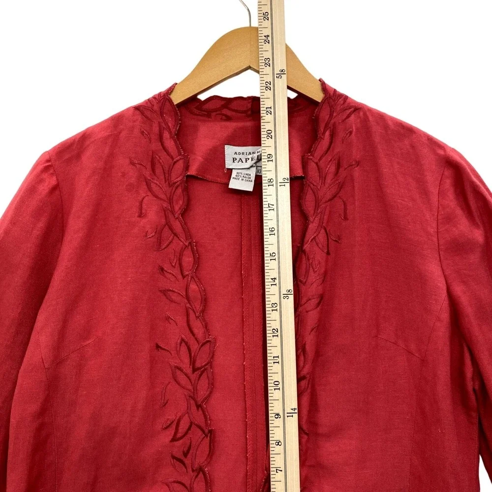 Adrianna Papell Jacket Womens 10 Red Linen Blend Open Front Embroidered - Picture 6 of 9